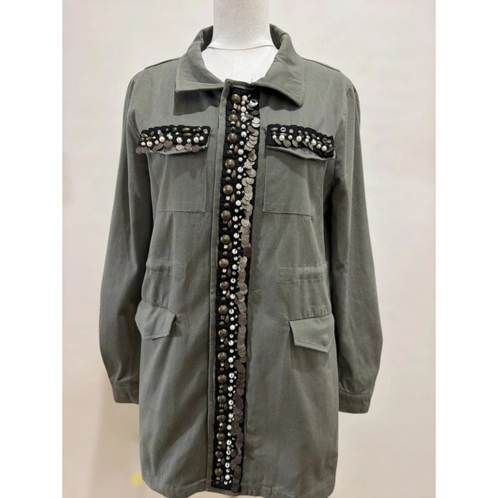 Sweet Rain Large Embellished Pearl Sequin Military Utility Jacket